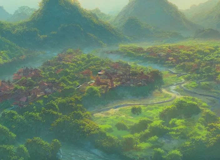 Image similar to concept art painting of a distant small woodland village by a river in a mountain valley seen from above, early morning, european japanese buildings, cel shaded, realistic, by makoto shinkai and moebius and anton fadeev and greg rutkowski and james gurney