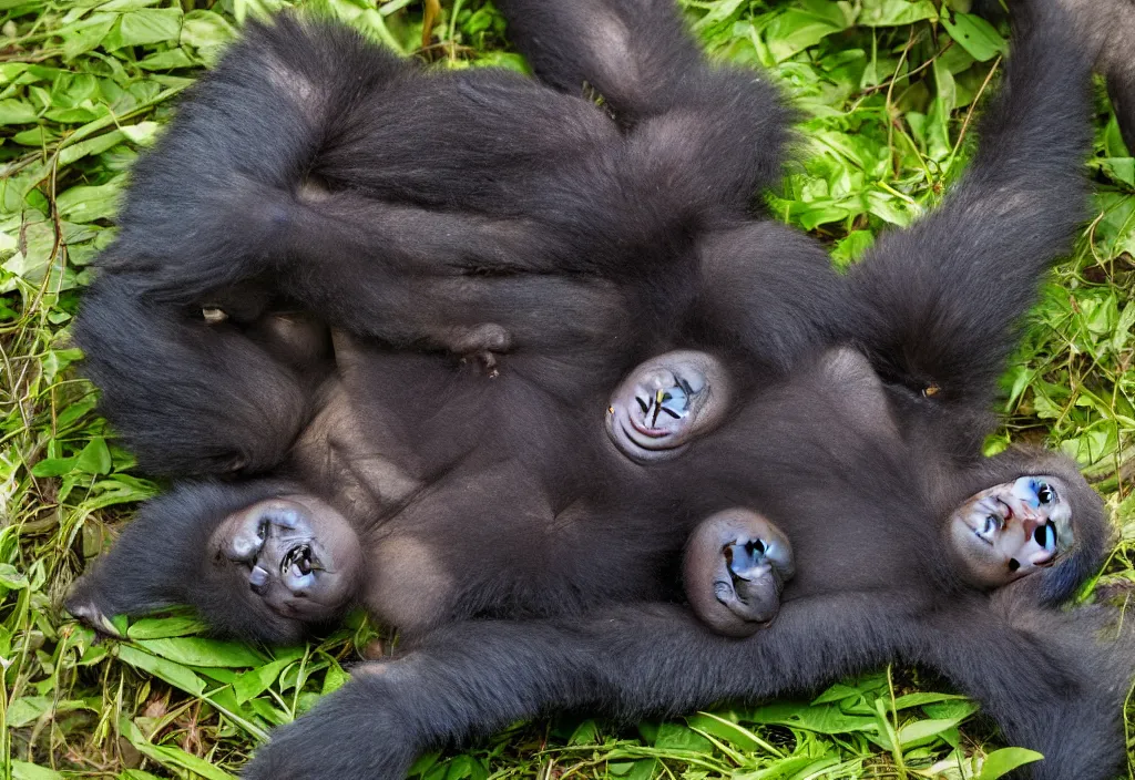 Image similar to “ a baby gorilla laying on the ground in the jungle by alex petruk ape, trending on flickr, primitivism, national geographic photo, uhd image, creative commons attribution ”