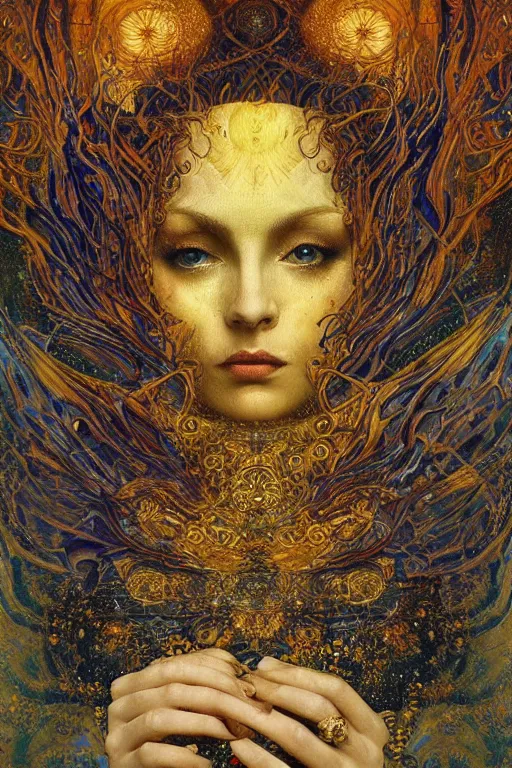 Image similar to Divine Chaos Engine by Karol Bak, Jean Deville, Gustav Klimt, and Vincent Van Gogh, beautiful visionary mystical portrait, sacred, otherworldly, fractal structures, ornate gilded medieval icon, third eye, spirals