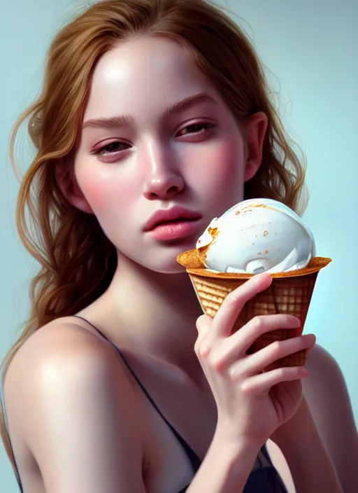 Image similar to a photorealistic detailed portrait of a beautiful girl eating ice cream, detailed, intricate, elegant, highly detailed, digital painting, artstation, concept art, smooth, sharp focus, illustration, art by greg rutkowskii 8 k