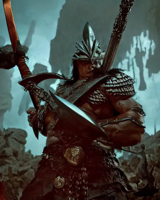 Image similar to closeup Photo of Conan the Barbarian with a sword fighting a fantasy dragon in a dungeon, rim lighting, octane, Natasha Tan, Maciej Kuciara, Edgar Rice Burroughs,