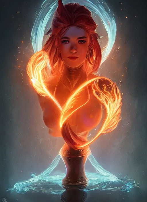 Image similar to a portrait fantastical glowing elf made of fire illustrated by artgerm and greg rutkowski