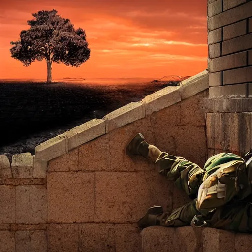 Prompt: A soldier in a combat exoskeleton slumped against a wall watching the sunset while smoking a cigarette as a nuke explodes in the background, 50mm lens, Pulitzer Prize Winner 2028, shot on a DSLR,