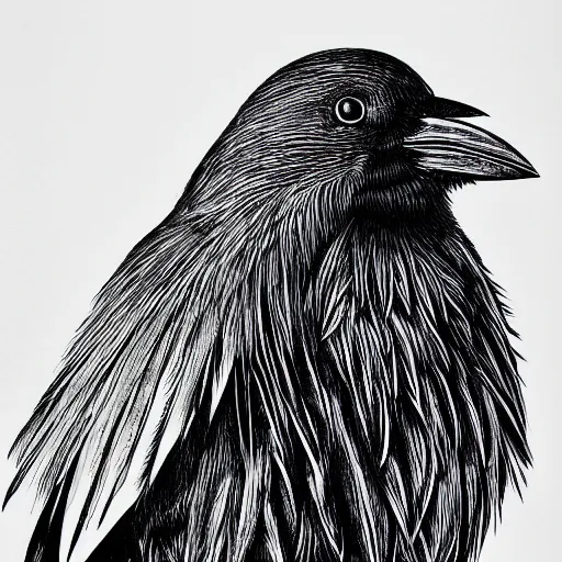 Prompt: detailed crow illustration, full body, dark fantasy, black ink on white paper, sketched 4k