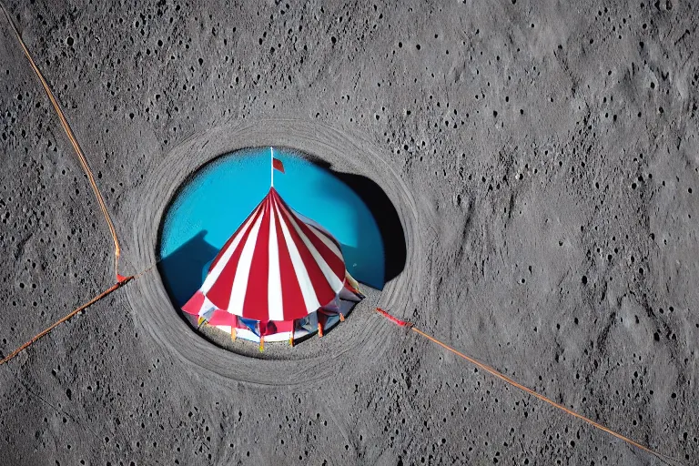 Prompt: circus tent on the surface of the moon, circus, magical, warm light, photo realistic