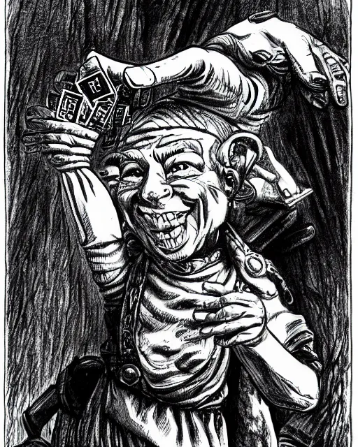 Image similar to pen and ink drawing of a goblin merchant smiling holding out his palm to show gold coins, by steve jackson and ian livingstone, highly detailed