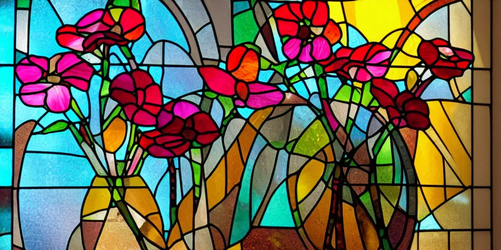 Prompt: i dream of a vase flowers, modern, studio, stained glass, sunlight