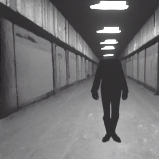 Image similar to a expired flash photo of creepy man with an unnatural posture standing in a vantablack russian basement from the horror movie rec, out of focus, uncanny valley, shaky camera, it is deformed and is staring at the camera from the end of a dark liminal hallway. caught on vhs, film grain, national geographic award winning photography,