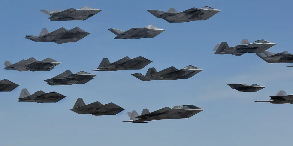 Prompt: an infinite convoy line of F-22's in the sky , extreme wide shot, infinite regression