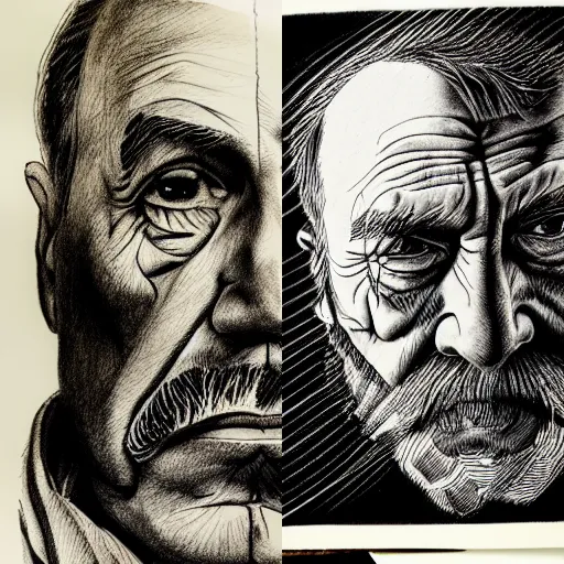 Image similar to portait of old man, studio light, realistic, ink, line drawing, sketch, fineart