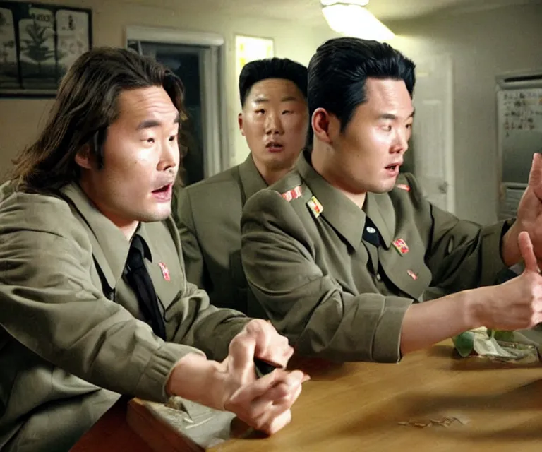 Image similar to hyperralism pineapple express ( 2 0 0 8 ) movie still photography of real detailed north korean kim chen with detailed face smoking high detailed weed and reviewing weed bush in detailed basement bedroom ultra violet light