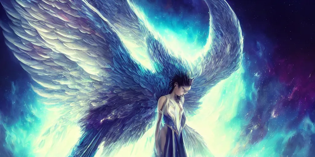 Image similar to a cosmic winged beast with majestic nebula wings, concept art, digital illustration, trending on artstation, deviantart, artgerm, epic composition, masterpiece, highly detailed, advanced technique, ambient lighting, wlop, ross draws