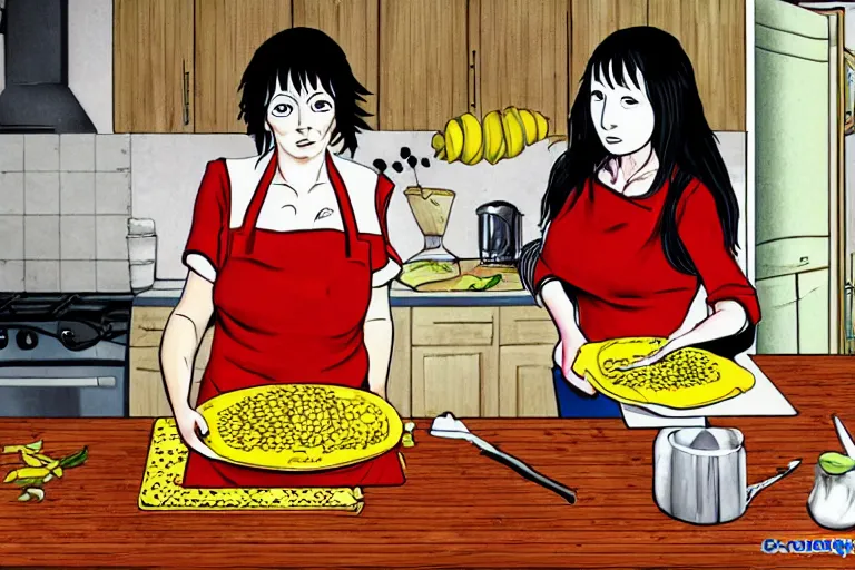 Prompt: Woman in kitchen making a tomato and corn pie in the style of Junji Ito