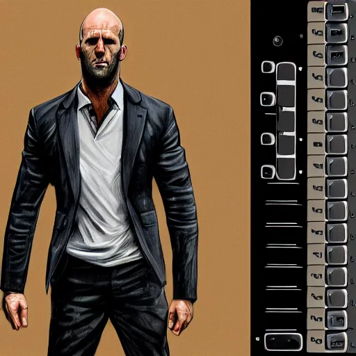 Prompt: jason statham fighting keyboard, half body shot, path traced, fight scene, highly detailed, high quality, digital painting