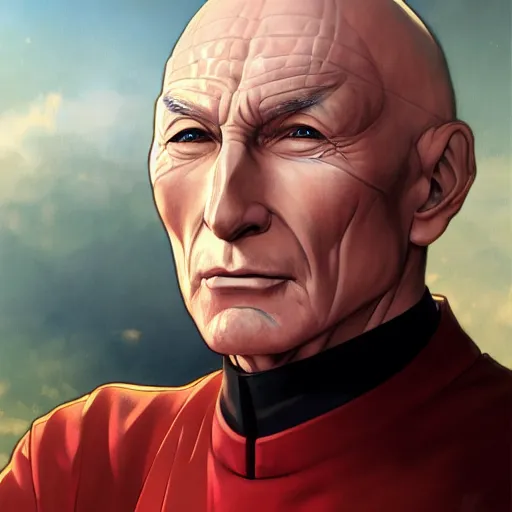 Image similar to anime Portrait of Picard, intricate, wild, highly detailed, digital painting, artstation, concept art, smooth, sharp focus, illustration, art by artgerm and greg rutkowski and alphonse mucha and Hajime Sorayama