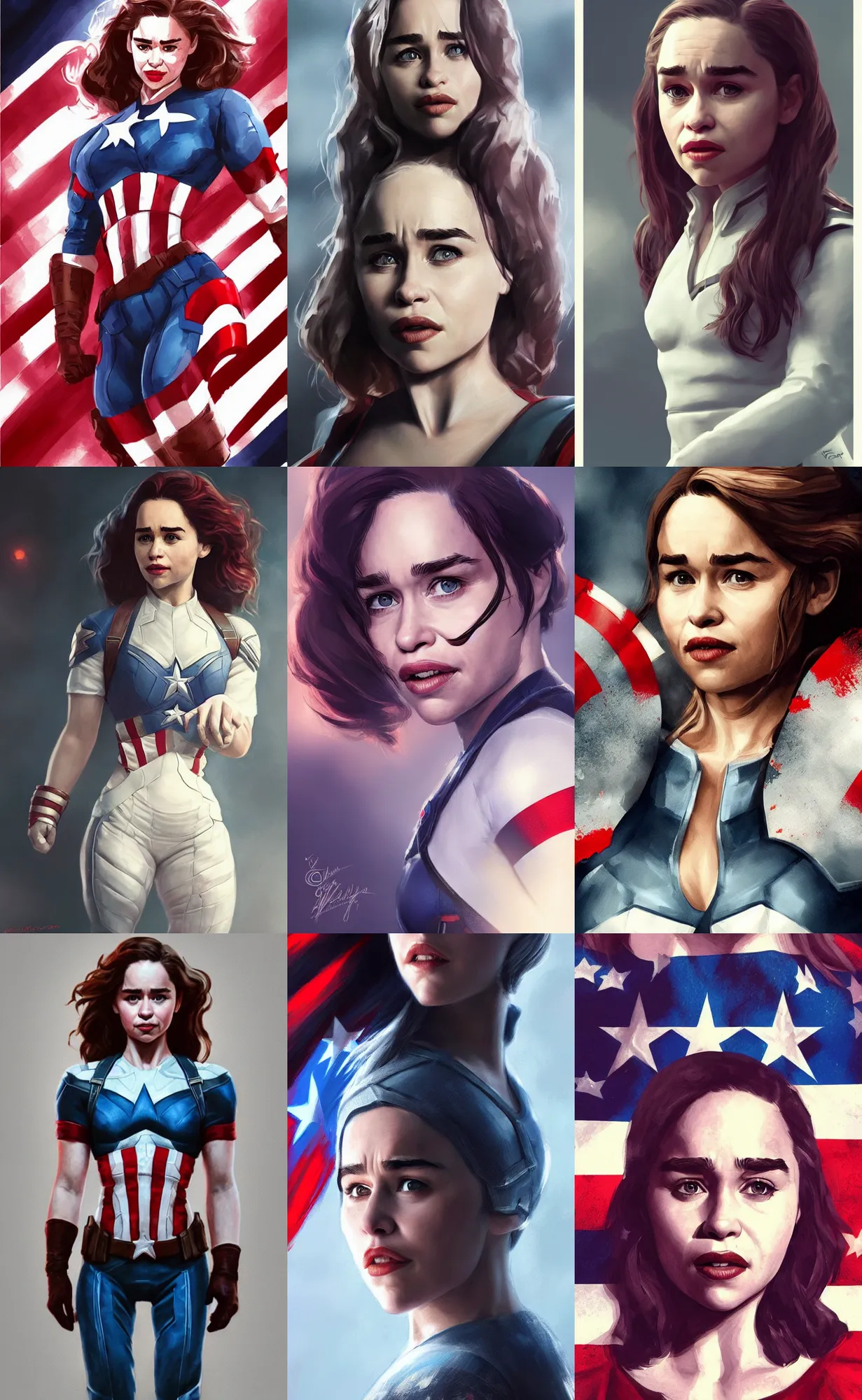 Prompt: a beautiful rendering of Emilia Clarke as captain America, rim lighting, soft, trending on artstation, instagram