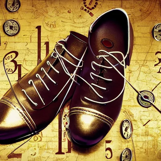 Prompt: Advertising Photo of a shoe inspired by a clock with pointers and numbers HD studio lightning