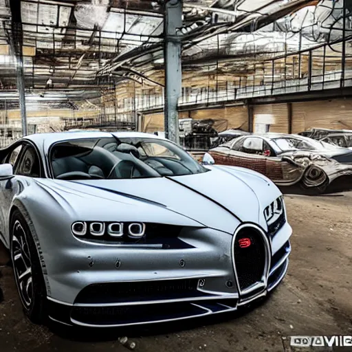 Image similar to an abandoned, derelict, rusty bugatti chiron in a dirty warehouse