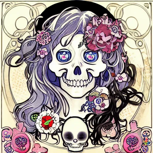 Prompt: anime manga skull portrait happy girl face skeleton illustration style by Alphonse Mucha and Takashi Murakami pop art nouveau