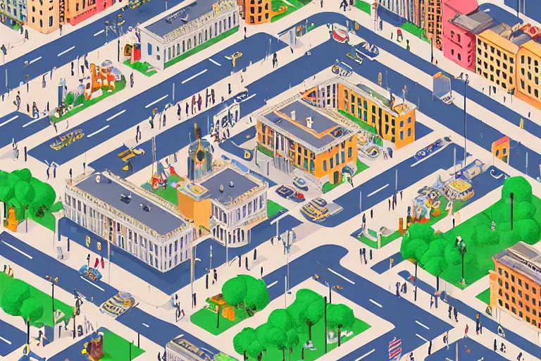 Prompt: highly detailed isometric illustration of a city scape by Wes Anderson, hyperrealistic, photorealistic, artstyle, highly detailed, sharp