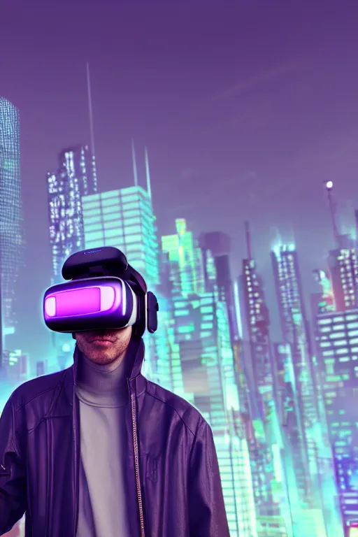 Image similar to cool cyberpunk dude with vr goggles, looking onto the city buildings, photorealism, night ambiance, vaporwave colors, neon glow on structures, highly detailed, trending on artstation, cinematic moody colors, 8 k, 4 k