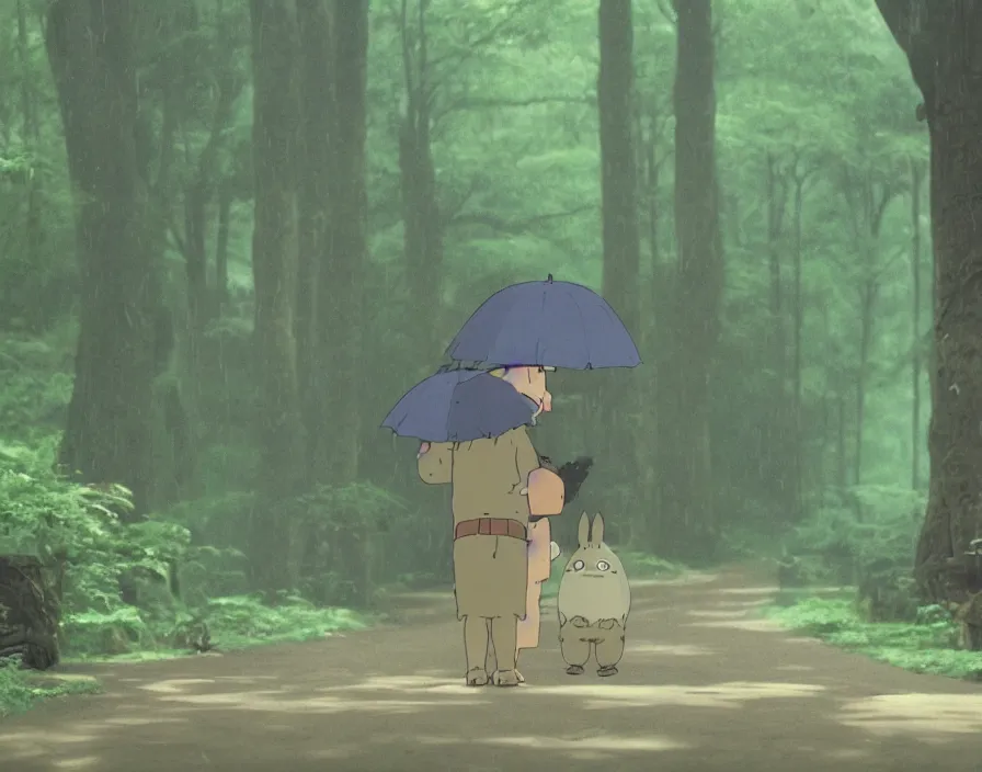 Image similar to A Retzling standing with Totoro at a japanese bus stop, holding an umbrella, in the forest, rainy night, film screenshot, Studio Ghibli, Hayao Miyazaki, —TEST