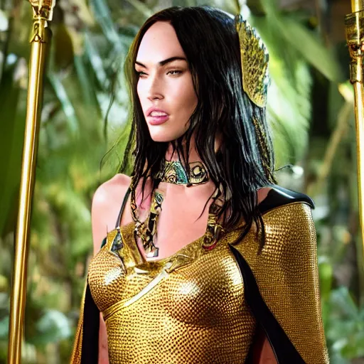 Image similar to full body photo of megan fox as a beautiful amazon warrior goddess wearing a flowing cape and golden chain mail armor, ornate jewelry, in the jungle, studio lighting, octane render, fashion photo by Arney freytag