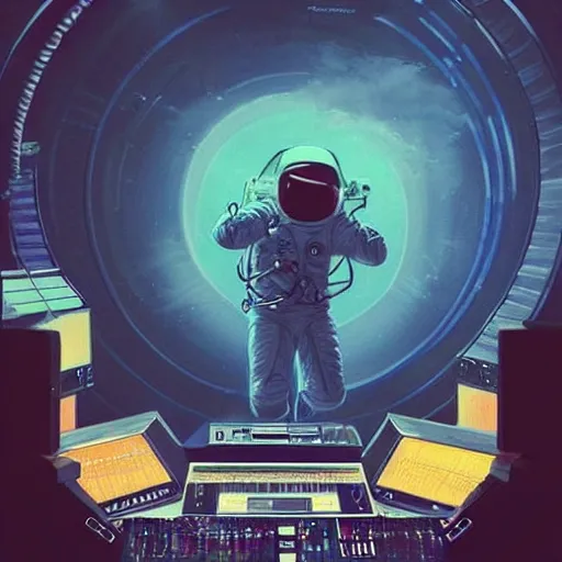 Image similar to an astronaut, using a synthesizer in a music studio, [ floating ]!!, synthwave art style, illustrated by greg rutkowski and ashley mckenzie, trending on cgsociety, golden ratio!!!, centered!!!, intricate