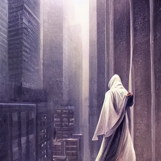 Prompt: Epic portrait, A hooded man in a white robe performing leap of faith from a skyscraper, blurred city backround, digital painting, artstation, concept art, soft light, hdri, smooth, sharp focus, illustration, fantasy, intricate, elegant, highly detailed, D&D, matte painting, in the style of Greg Rutkowski and Alphonse Mucha and artemisia, 8k, highly detailed, jurgens, rutkowski, bouguereau, pastoral, rustic, georgic