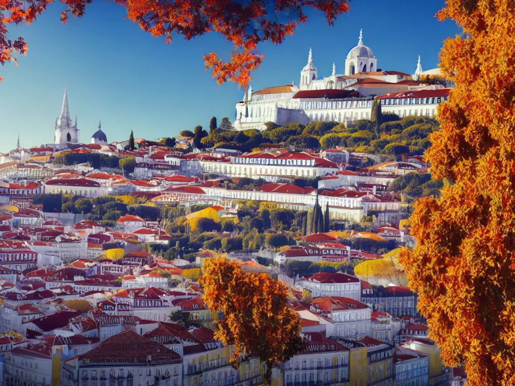 Image similar to a beautiful serene lisbon during autumn on a fine day, photorealistic, hyperdetailed, studio lighting, octane render, caustics