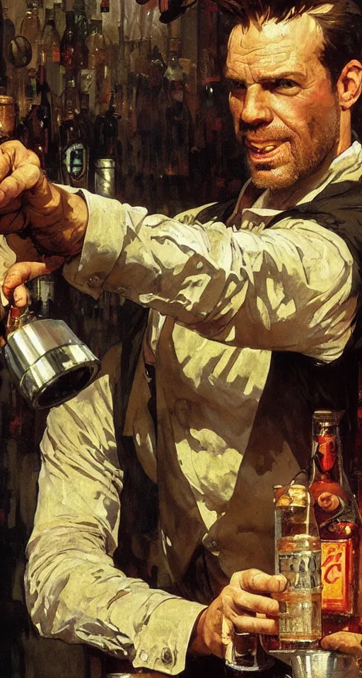 Prompt: close up of max payne pouring a drink, sun shining, photo realistic illustration by greg rutkowski, thomas kindkade, alphonse mucha, loish, norman rockwell.