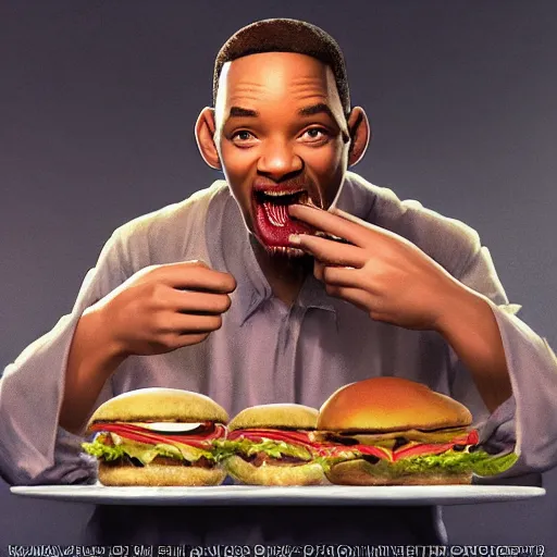 Prompt: a highly detailed epic cinematic concept art CG render digital painting artwork costume design: Will Smith as a 1950s bible salesman eating a massive hamburger, voluptuous sesame seed bun, extra ketchup and pickles and onions . By Greg Rutkowski, Ilya Kuvshinov, WLOP, Stanley Artgerm Lau, Ruan Jia and Fenghua Zhong, trending on ArtStation, made in Maya and Photoshop, octane render, excellent composition, cinematic atmosphere, dynamic dramatic cinematic lighting, aesthetic, very inspirational, arthouse