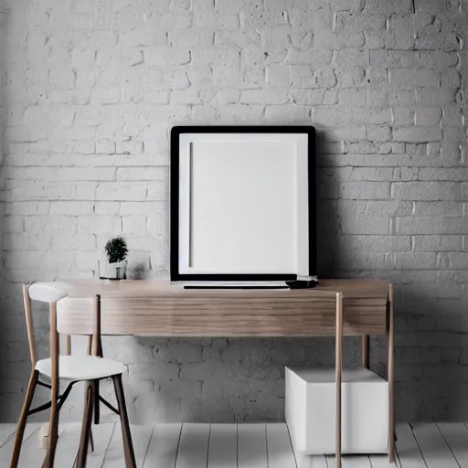 Image similar to a minimalist scandinavian mockup photo with large blank frame, light wooden frame, inside a white boho style studio, white walls, overexposed, trending on pinterest