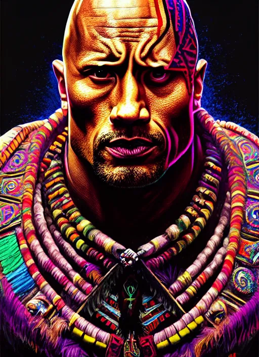 Image similar to portrait of dwayne johnson, hyper detailed ultra sharp aztec shaman warrior. trending on artstation, warpaint aesthetic, bloodwave, colorful, psychedelic, ornate, intricate, digital painting, concept art, smooth, sharp focus, illustration, art by artgerm and greg rutkowski and h. r. giger, 8 k