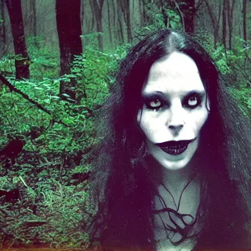 Image similar to found photo of a creepy beautiful witch woman with long hair floating in a forest, magical dark and spooky, flash photography