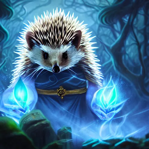 Image similar to Hedgehog magus, Tzeentch, portrait, nature, fairy, forest background, magic the gathering artwork, D&D, fantasy, cinematic lighting, centered, symmetrical, highly detailed, digital painting, artstation, concept art, smooth, sharp focus, illustration, volumetric lighting, epic Composition, 8k, art by Akihiko Yoshida and Greg Rutkowski and Craig Mullins, oil painting, cgsociety