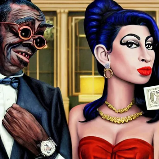 Image similar to beautiful lifelike painting of flava flav and amy winehouse buying a rare furby collection in downton abbey, hyperreal detailed facial features and uv lighting, art by ed roth and basil wolverton