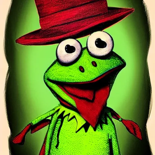 Image similar to surrealism grunge cartoon portrait sketch of Kermit The Frog, by michael karcz, loony toons style, freddy krueger style, horror theme, detailed, elegant, intricate