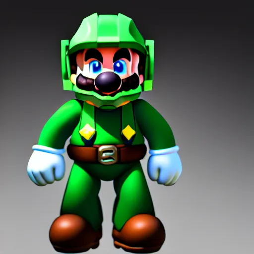 Image similar to Super Mario as Master Chief, highly detailed, extremely high quality, HD, 4k, 8k, Canon 300mm, professional photographer, 40mp, lifelike, top-rated, award winning, realistic, detailed lighting, detailed shadows, sharp, no blur, edited, corrected, trending