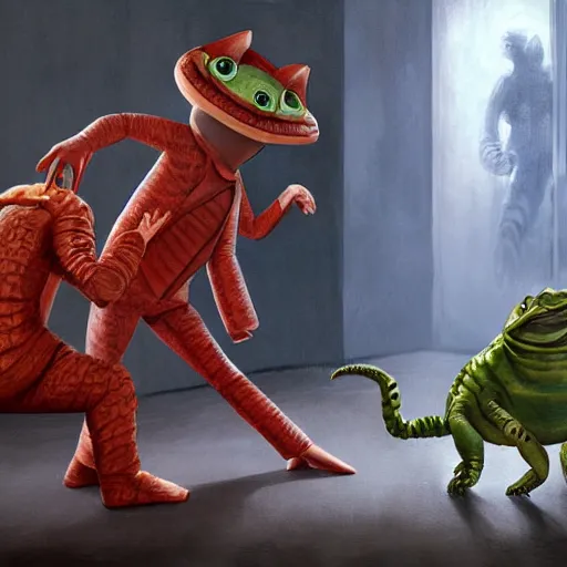Image similar to a female humanoid carrote in a karate suit having a conversation with a humanoid detective alligator while a half cat half avocado watches painted by stanley lau, greg rutkowski, stanley artgem