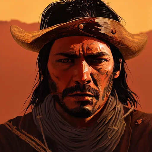 Image similar to portrait of a native american warrior of the old west, concept art, red dead redemption, django, fully coloured, golden hour, weird west, deadlands, dramatic lighting, digital art, 8 k, extremely detailed, drawn by ruan jia