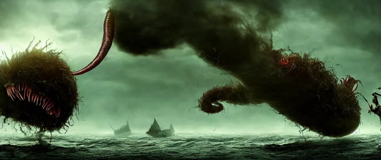 Image similar to pirates fighting giant screaming worm, cinematic atmosphere, maximized, high detail, 8k, ornate, dark fantasy, masterpiece, complex, film still from the movie directed by Denis Villeneuve