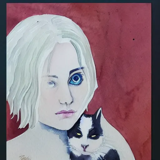 Image similar to Ciri holding a cat, art, minimalistic painting, watercolor on paper, high quality