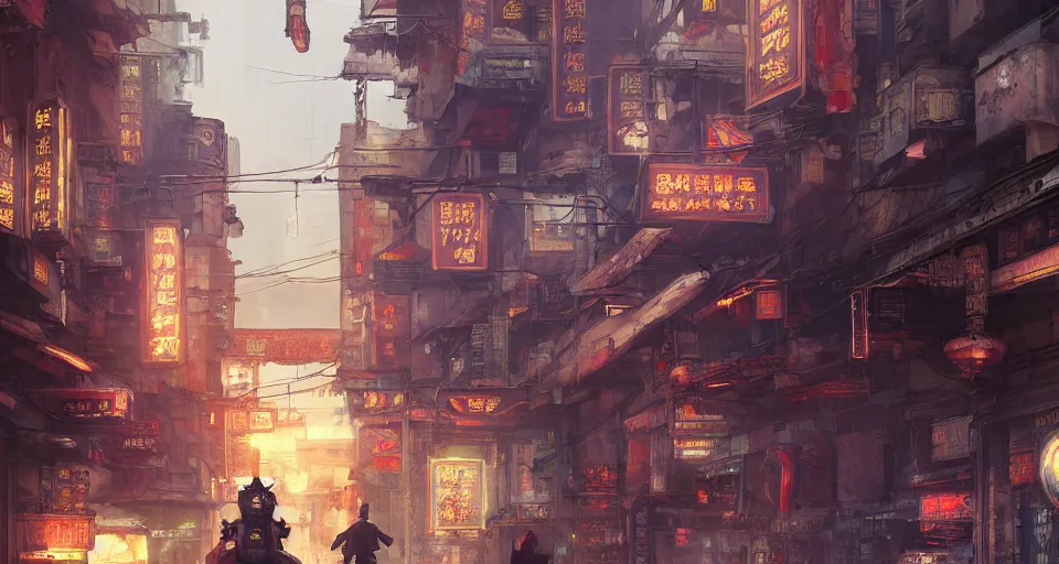 Prompt: craig mullins and ghibli digital art of chinatown street, sunset alley, erlang shen yang jian in a mecha shuttles through the ancient city of china, cyberpunk style, unreal engine, hyper realism, realistic shading, cinematic composition, realistic render, octane render, detailed textures, photorealistic, wide shot