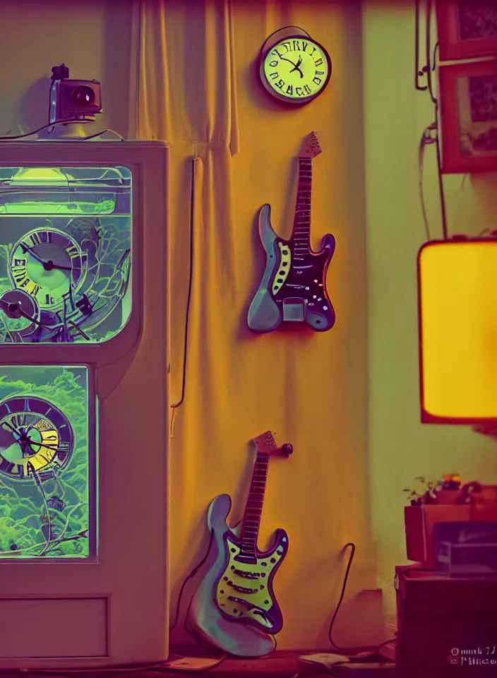 Prompt: telephoto 7 0 mm f / 2. 8 iso 2 0 0 photograph depicting the feeling of chrysalism in a cosy safe cluttered french sci - fi art nouveau cyberpunk apartment in a pastel dreamstate art cinema style. ( electric guitar ) ( ( fish tank ) ) ( ( ( clock ) ) ), ambient light.