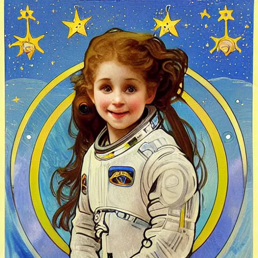 Prompt: a cute little girl with a round cherubic face, blue eyes, and short wavy light brown hair smiles as she floats in space with stars all around her. she is an astronaut, wearing a space suit. beautiful painting with highly detailed face by alphonse mucha and quentin blake