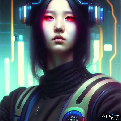 Image similar to portrait painting of a cyberpunk technician sunmi kpop, ultra realistic, concept art, intricate details, eerie, highly detailed, photorealistic, octane render, 8 k, unreal engine. art by artgerm and greg rutkowski and magali villeneuve and alphonse mucha