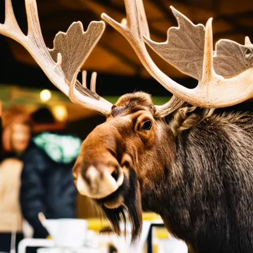 Image similar to a moose with maple leaves on antlers selling coffee at a stand, realistic, 8 k