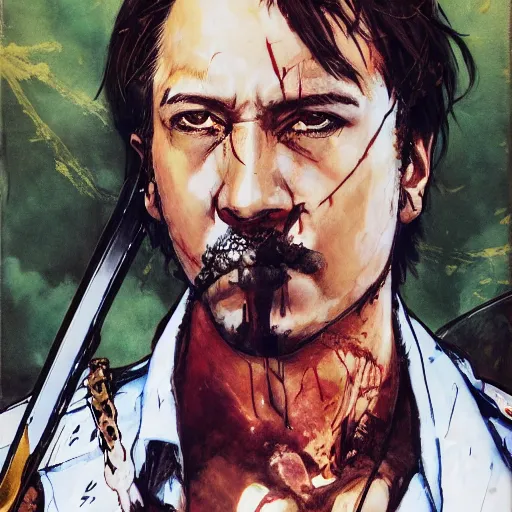 Image similar to portrait of a hero holding his sword in front of his face by yoji shinkawa, high quality, extra details, realism, ornate, colored, golden chain, blood, white skin, short hair, brown eyes, vivid, sunlight, dynamic, american man, freedom, white american soldier, painting, futurist, military, forest scenery