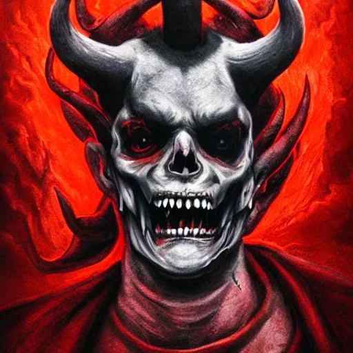 Image similar to the _ devil _ holding _ a _ skull _ red _ horns _ ominous _ fiery _ background _ symmetrical _ detailed _ face _ despair _ highly _ detailed _ high _ resolution _ sandro _ botticel